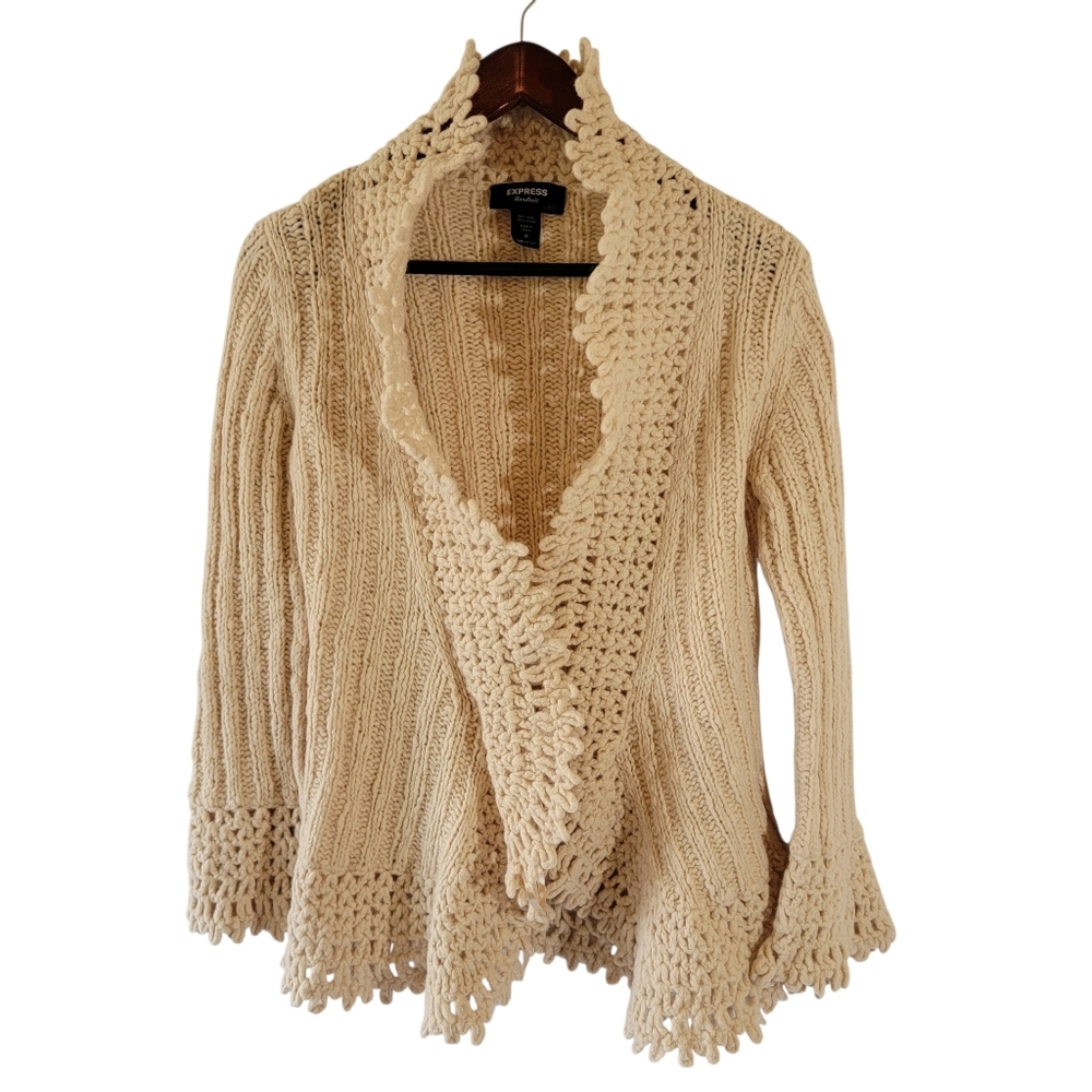 VTG EXPRESS Handknit Tan Wool Blend Cardigan M Eyelet Y2K Cottagecore Festival